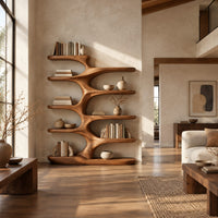 Branching bookshelf with wide sculpted shelves that alternate left and right in a bright open plan living room