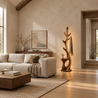 Branching floor lamp with a small shelf and a glowing trunk edge in a bright open plan living room