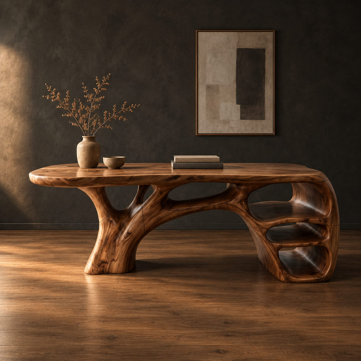 Sculpted wooden desk with branching legs and open shelves at one end in a dark studio against a charcoal plaster wall