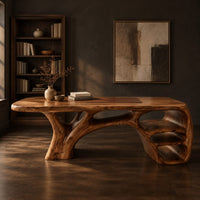 Corner detail of sculpted wooden desk with branching legs and open shelves at one end beside wood, brass and linen samples