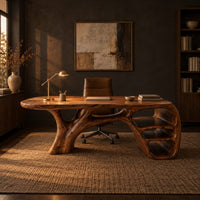 Sculpted wooden desk with branching legs and open shelves at one end in a dark home office at golden hour