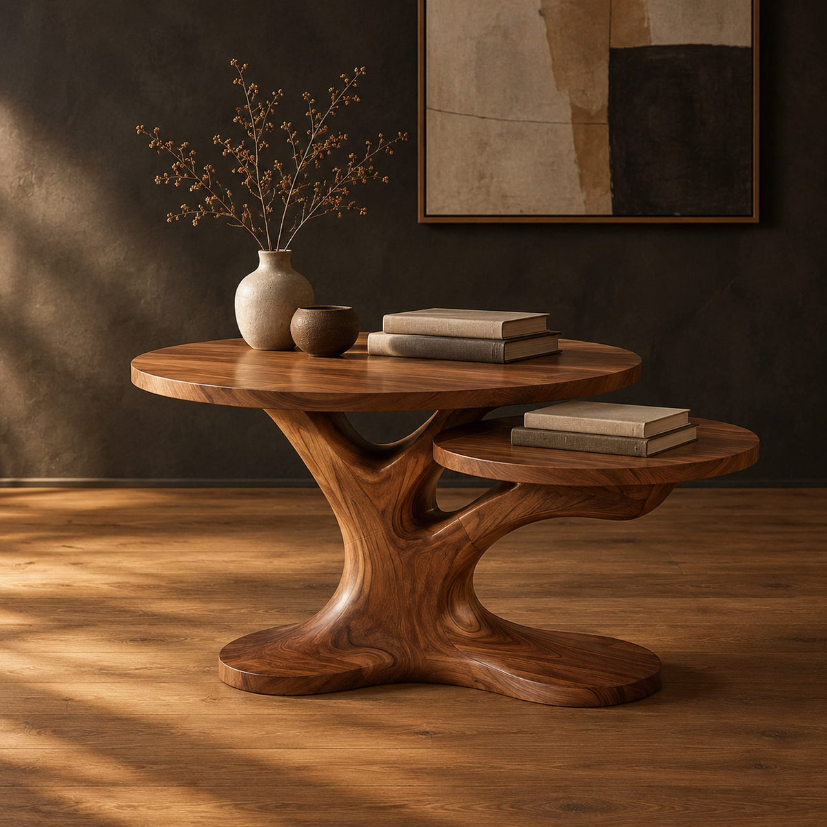 Coffee table with two tops on a branching tree shaped pedestal in a dark studio against a charcoal plaster wall