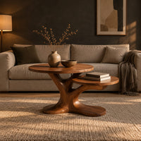 Coffee table with two tops on a branching tree shaped pedestal in a dark living room at golden hour