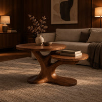 Coffee table with two tops on a branching tree shaped pedestal in an evening living room with walnut wall paneling