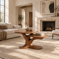 Coffee table with two tops on a branching tree shaped pedestal in a bright open plan living room