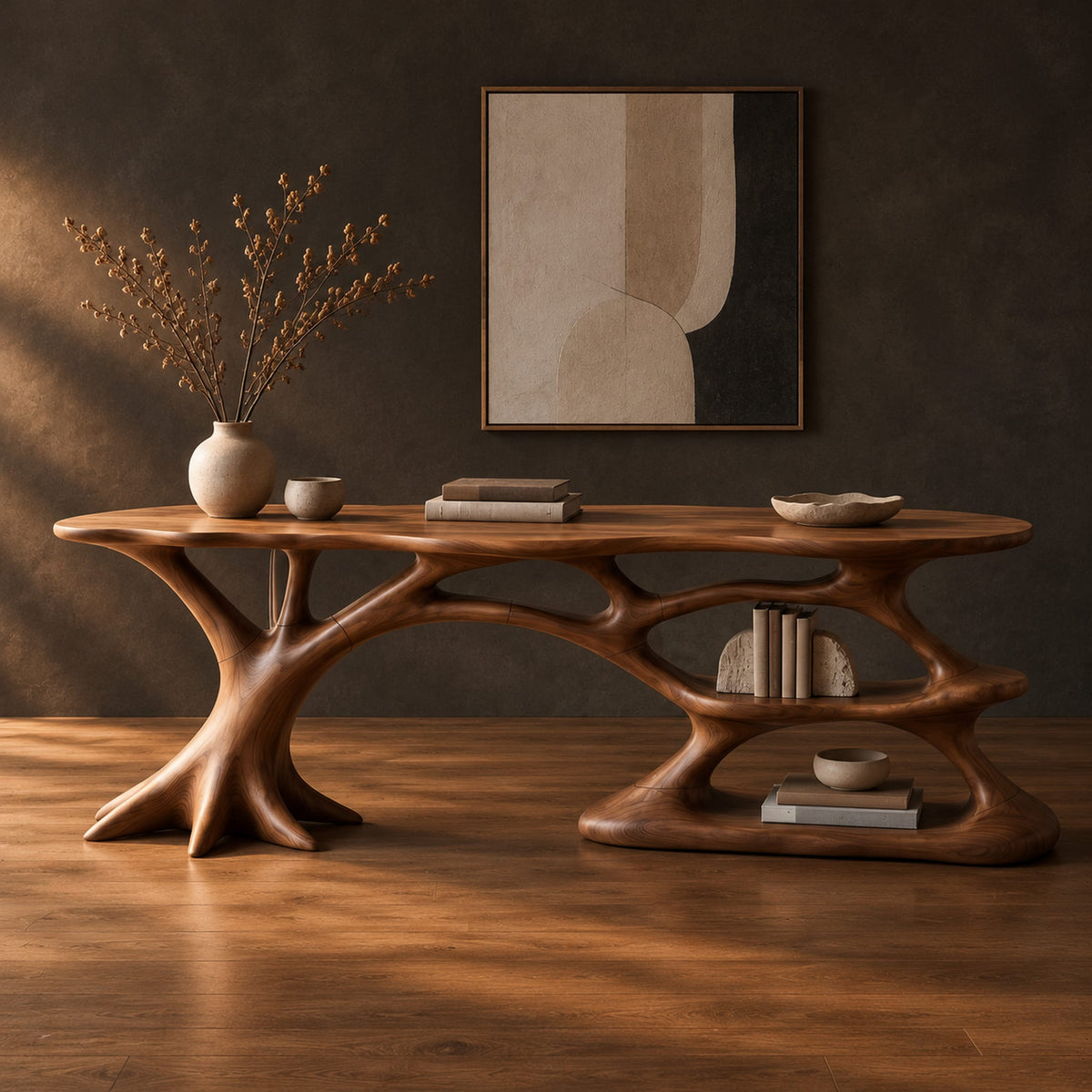 Desk with branching root base, freeform top and open lower shelf in a dark studio against a charcoal plaster wall
