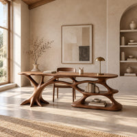 Desk with branching root base, freeform top and open lower shelf in a bright open plan home office