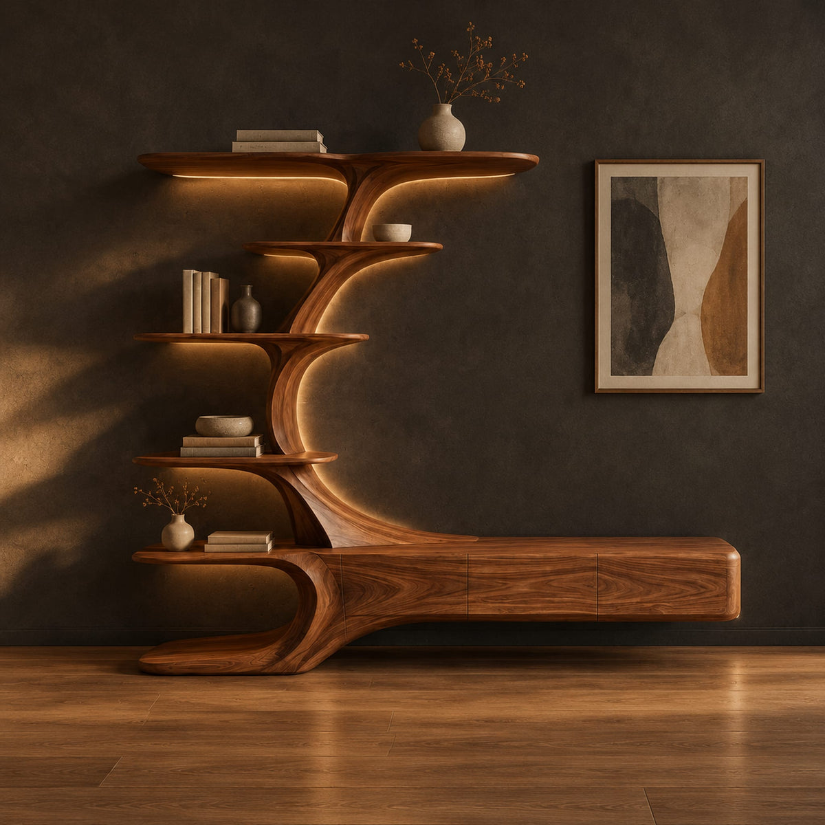 Tv stand with a branching tower of shelves rising from a long low base in a dark studio against a charcoal plaster wall