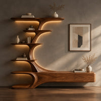 Corner detail of tv stand with a branching tower of shelves rising from a long low base beside wood, brass and linen samples