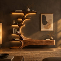 Tv stand with a branching tower of shelves rising from a long low base in a dark living room at golden hour