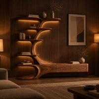 Tv stand with a branching tower of shelves rising from a long low base in an evening living room with walnut wall paneling