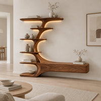 Tv stand with a branching tower of shelves rising from a long low base in a Scandinavian living room with white walls