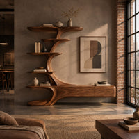 Tv stand with a branching tower of shelves rising from a long low base in an industrial loft living room with exposed brick