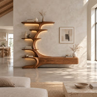 Tv stand with a branching tower of shelves rising from a long low base in a bright open plan living room