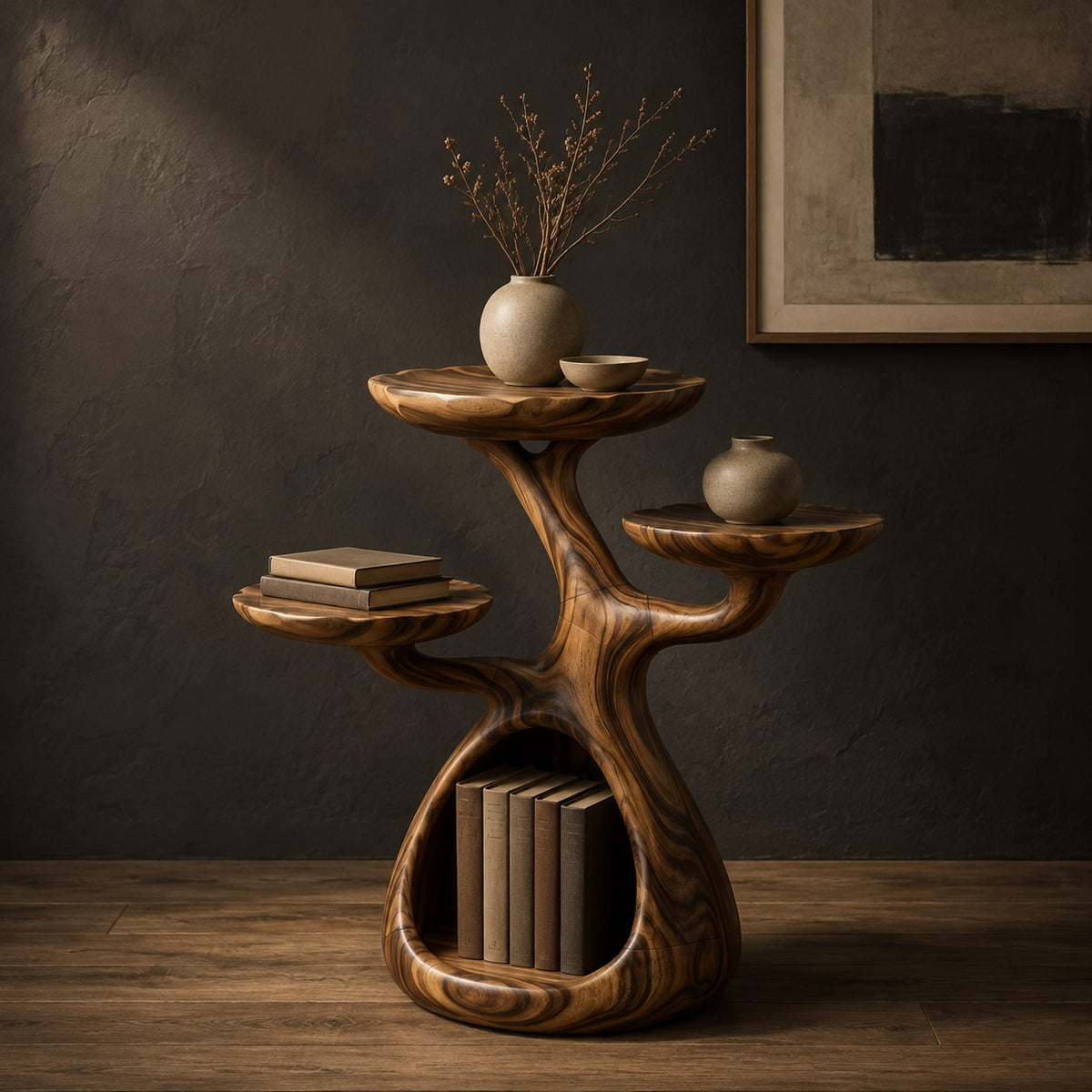 Tree shaped side table with three disc tops and an open base hollow in a dark studio against a charcoal plaster wall