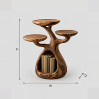 Branching Side Table With Three Disc Tops And Open Book Niche dimension diagram with width, height and depth