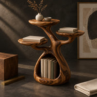 Corner detail of tree shaped side table with three disc tops and an open base hollow beside wood, brass and linen samples