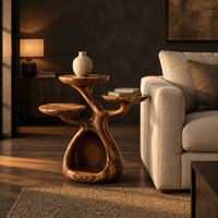 Tree shaped side table with three disc tops and an open base hollow in a dark living room at golden hour