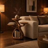 Tree shaped side table with three disc tops and an open base hollow in an evening living room with walnut wall paneling