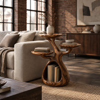 Tree shaped side table with three disc tops and an open base hollow in an industrial loft living room with exposed brick