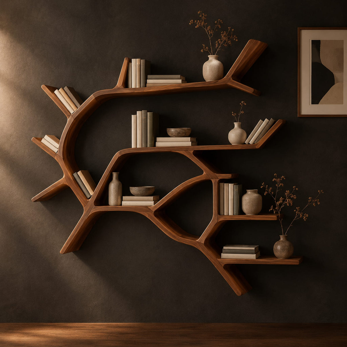 Wall shelves shaped like a forking tree branch with many open levels in a dark studio against a charcoal plaster wall