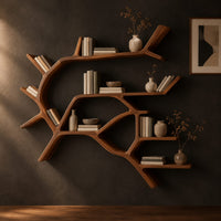 Wall shelves shaped like a forking tree branch with many open levels in a dark studio against a charcoal plaster wall