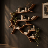 Wall shelves shaped like a forking tree branch with many open levels, three-quarter view showing the grain