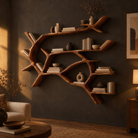 Wall shelves shaped like a forking tree branch with many open levels in a dark living room at golden hour