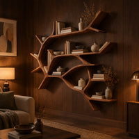 Wall shelves shaped like a forking tree branch with many open levels in an evening living room with walnut wall paneling