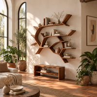 Wall shelves shaped like a forking tree branch with many open levels in a bright living room with arched windows and plants