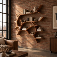 Wall shelves shaped like a forking tree branch with many open levels in an industrial loft living room with exposed brick