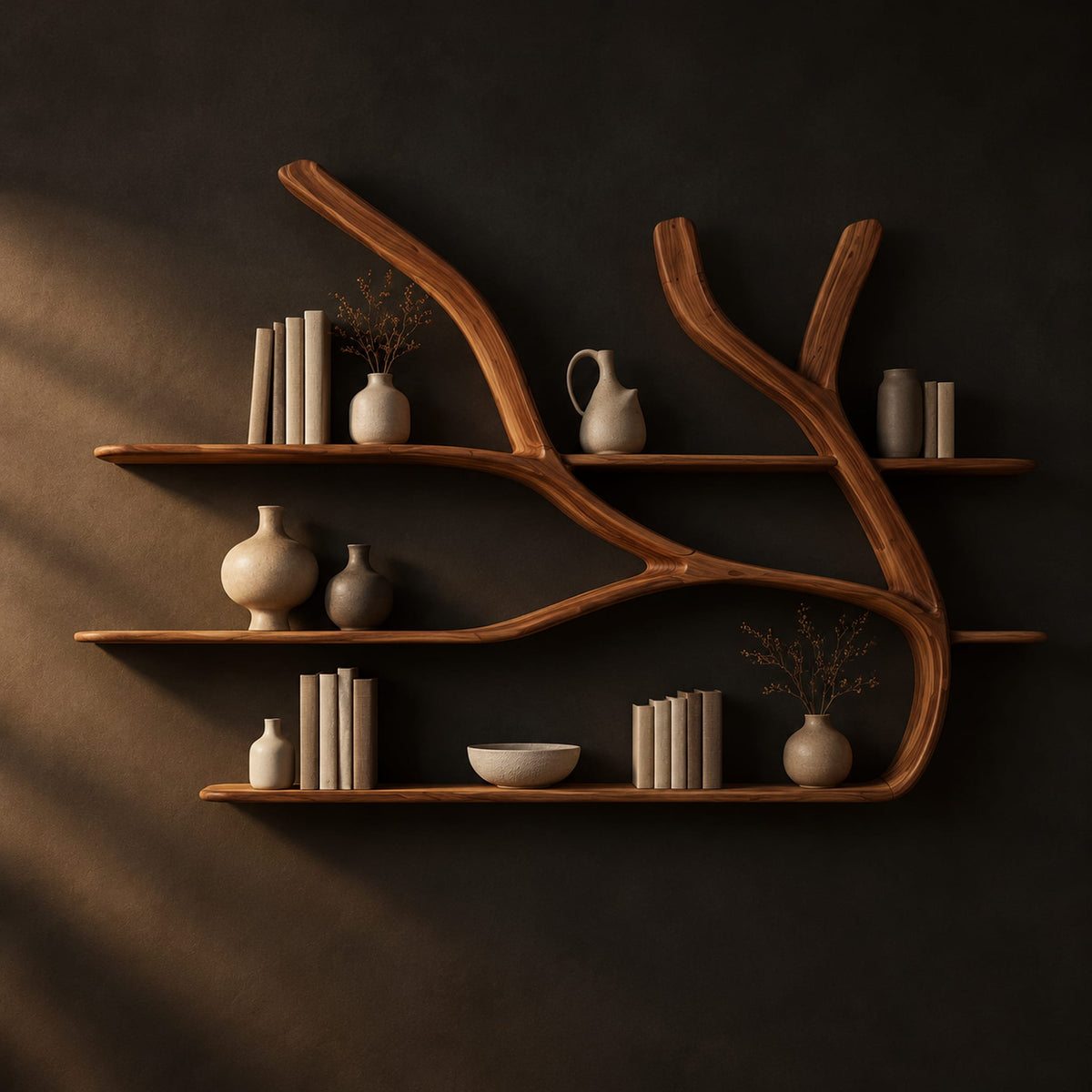 Tree limb wall shelves with slim wooden boards at several heights in a dark studio against a charcoal plaster wall