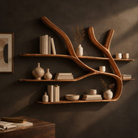Corner detail of tree limb wall shelves with slim wooden boards at several heights beside wood, brass and linen samples