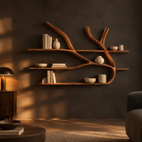 Tree limb wall shelves with slim wooden boards at several heights in a dark living room at golden hour