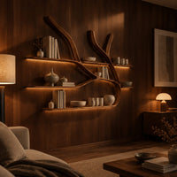 Tree limb wall shelves with slim wooden boards at several heights in an evening living room with walnut wall paneling