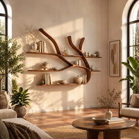 Tree limb wall shelves with slim wooden boards at several heights in a bright living room with arched windows and plants