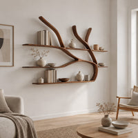 Tree limb wall shelves with slim wooden boards at several heights in a Scandinavian living room with white walls