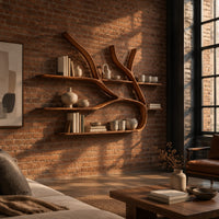 Tree limb wall shelves with slim wooden boards at several heights in an industrial loft living room with exposed brick