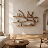 Tree limb wall shelves with slim wooden boards at several heights in a bright open plan living room