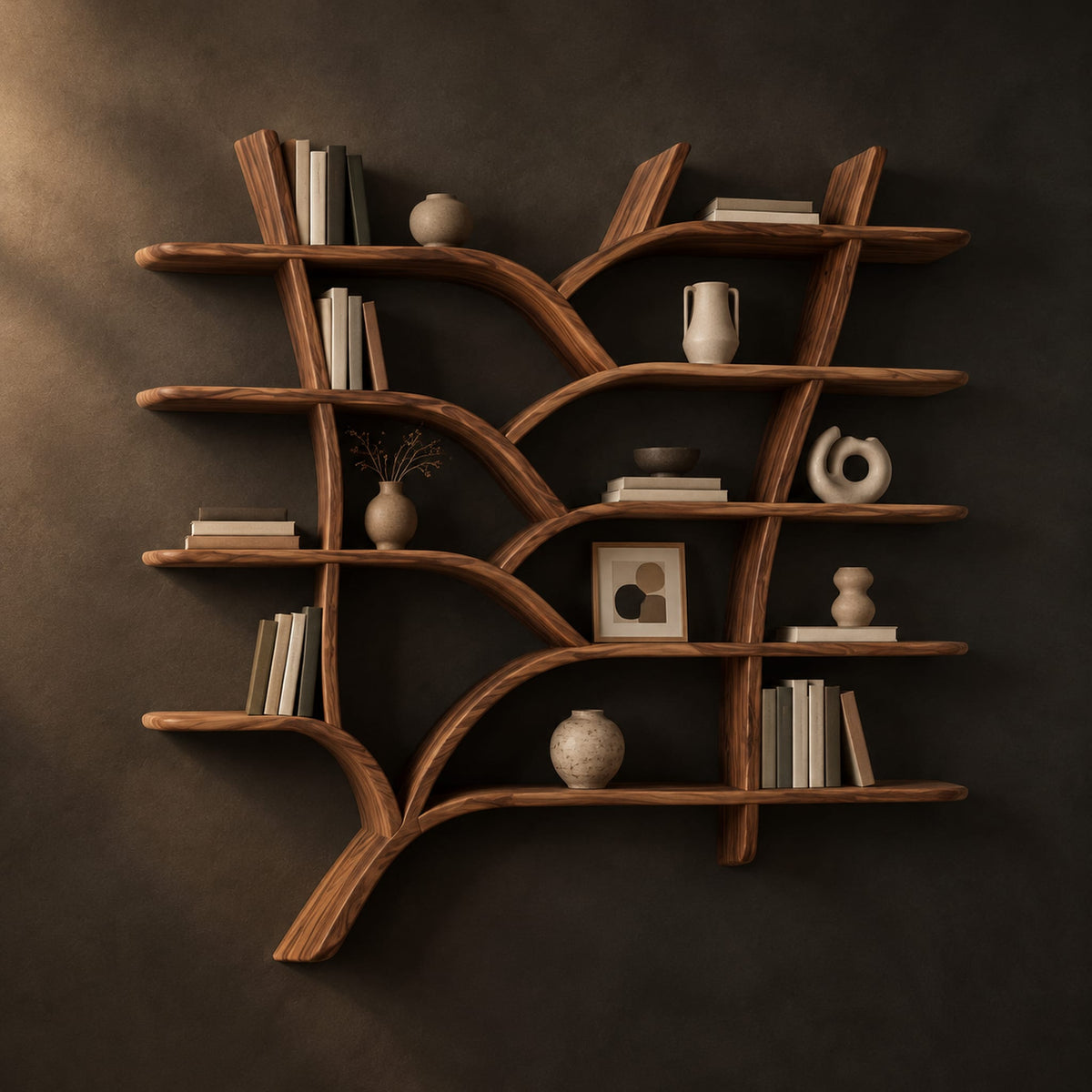 Tree shaped shelves with curving branch supports and several wooden boards in a dark studio against a charcoal plaster wall