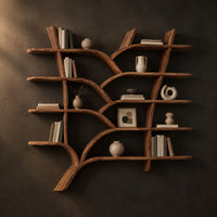 Tree shaped shelves with curving branch supports and several wooden boards in a dark studio against a charcoal plaster wall