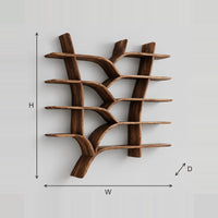 Branching Tree Shelves With Sweeping Limbs And Tiered Boards dimension diagram with width, height and depth