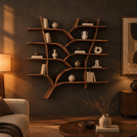 Tree shaped shelves with curving branch supports and several wooden boards in a dark living room at golden hour