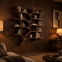 Tree shaped shelves with curving branch supports and several wooden boards in an evening living room with walnut wall paneling
