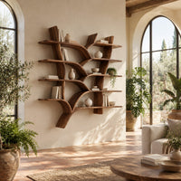 Tree shaped shelves with curving branch supports and several wooden boards in a bright living room with arched windows and plants