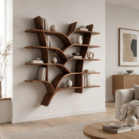 Tree shaped shelves with curving branch supports and several wooden boards in a Scandinavian living room with white walls