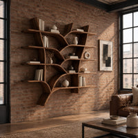 Tree shaped shelves with curving branch supports and several wooden boards in an industrial loft living room with exposed brick