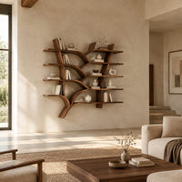 Tree shaped shelves with curving branch supports and several wooden boards in a bright open plan living room