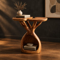 Side table with twin lobed tops on branching limbs above an open base, three-quarter view showing the grain