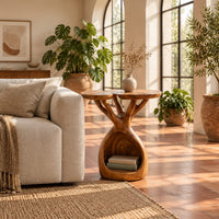 Side table with twin lobed tops on branching limbs above an open base in a bright living room with arched windows and plants